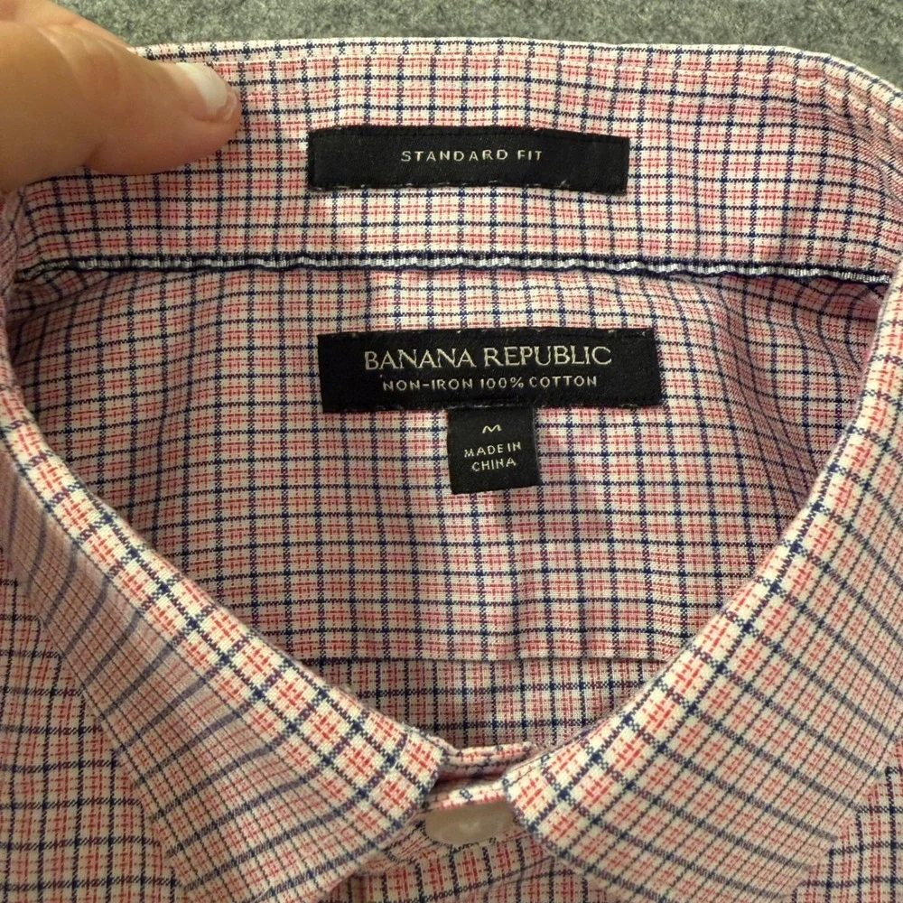 Banana Republic Shirt Mens M Pink Plaid Excellent Non-Iron Cotton Standard Fit